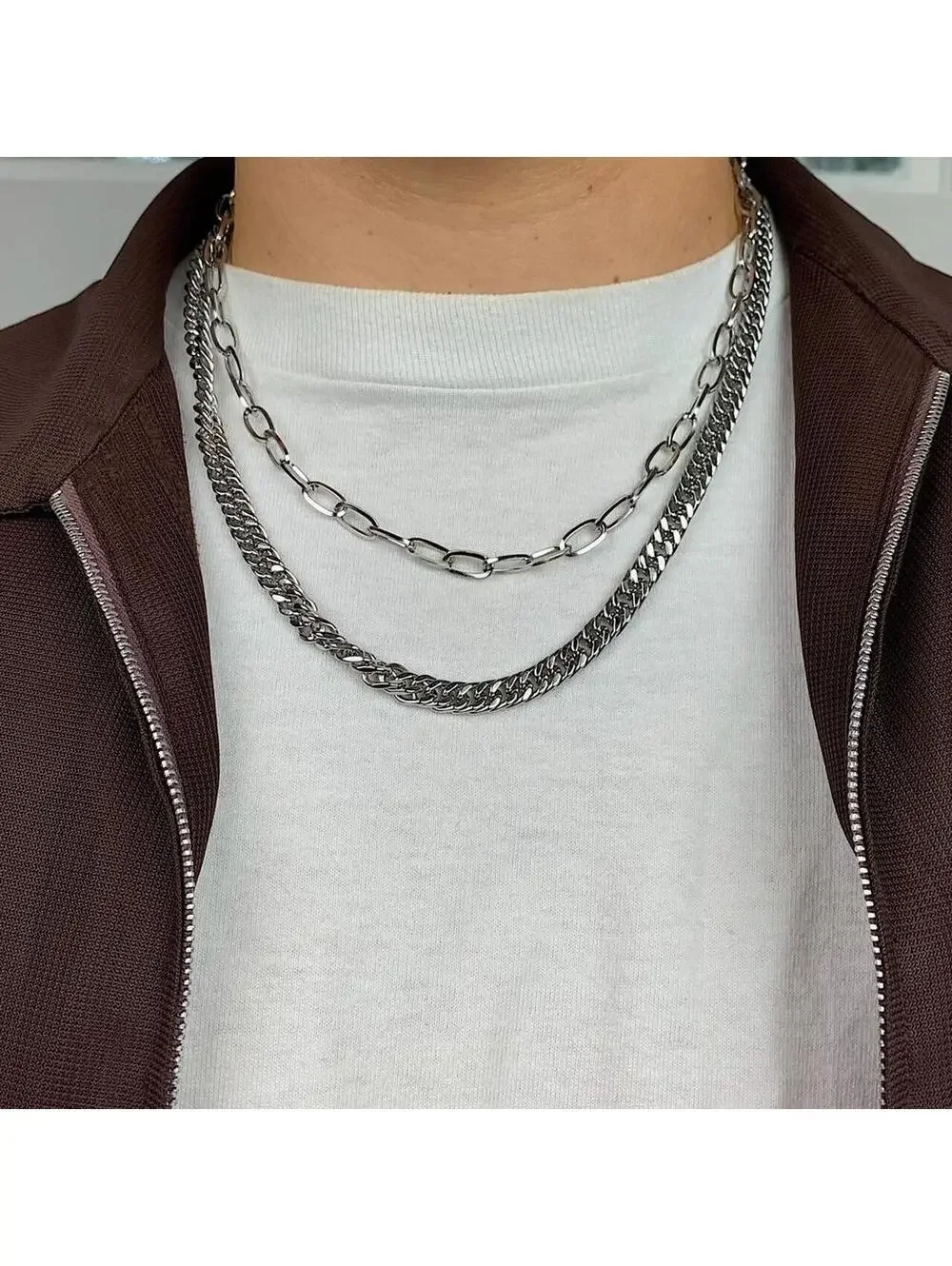 Stainless steel Cyber y2k Double layer silver chrome chain grunge Cuban link